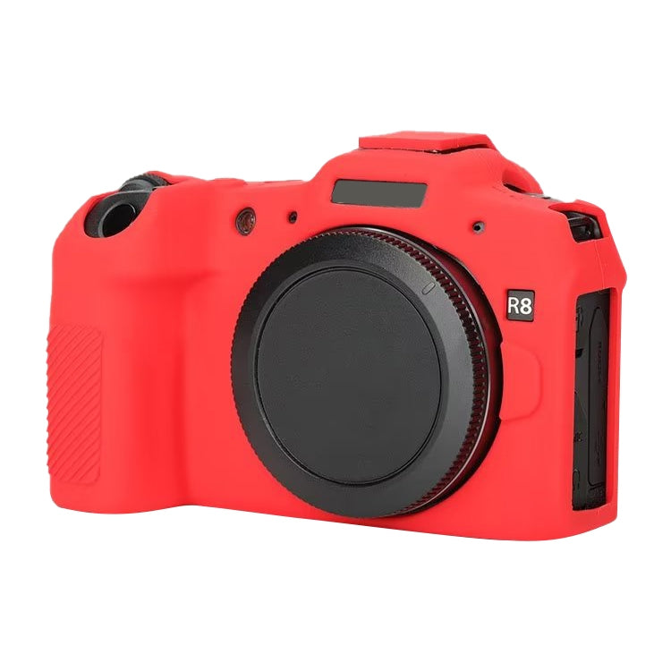 Red soft silicone protective case for Canon EOS R8 camera, showcasing its snug fit and durable design.